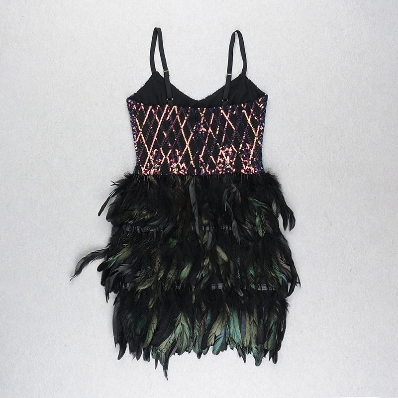 Sequin Feather Details Mini Dress