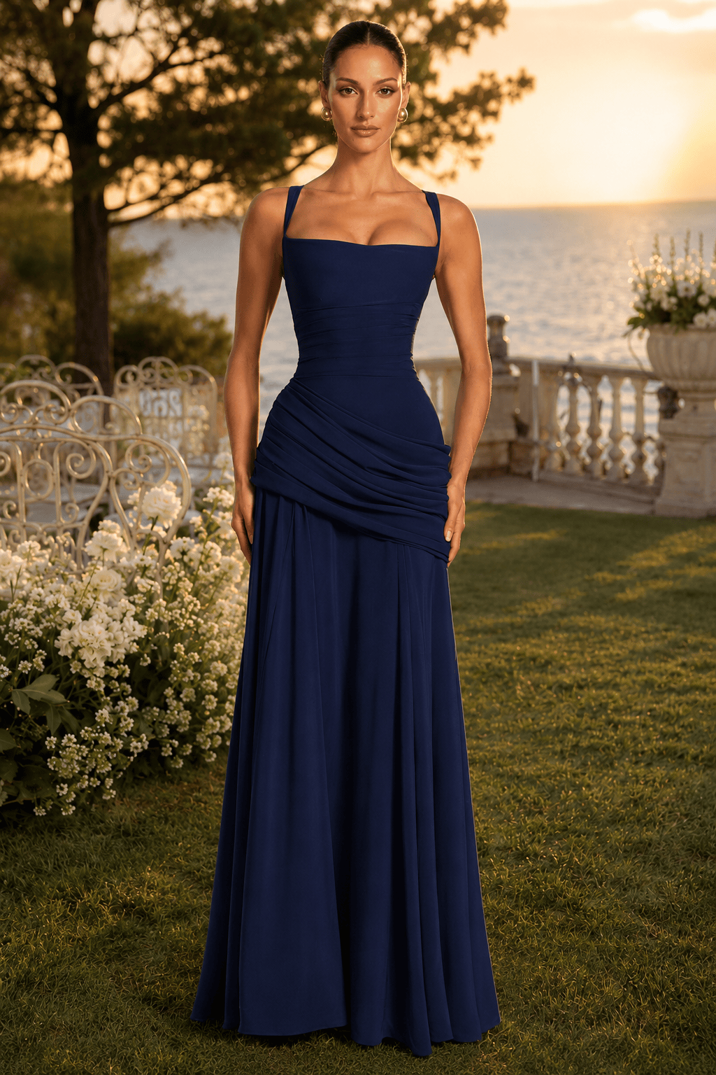 Solid Plunge Ruched Waist Backless Slip Dress