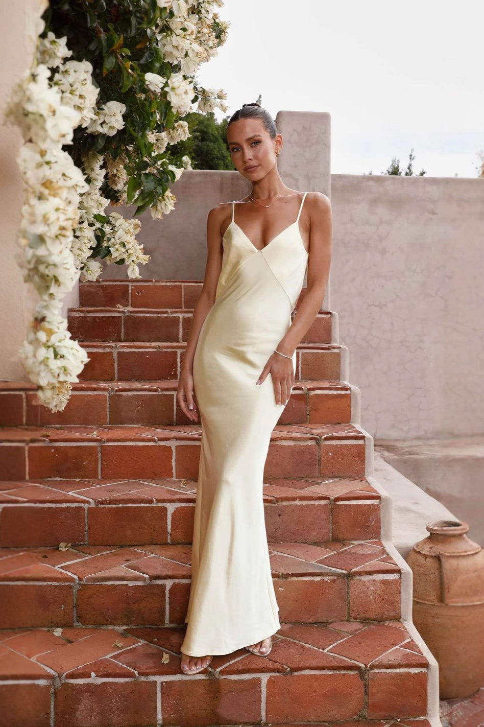 Satin Deep V-Neck Spaghetti Strap Bias Cut Slip Maxi Gown