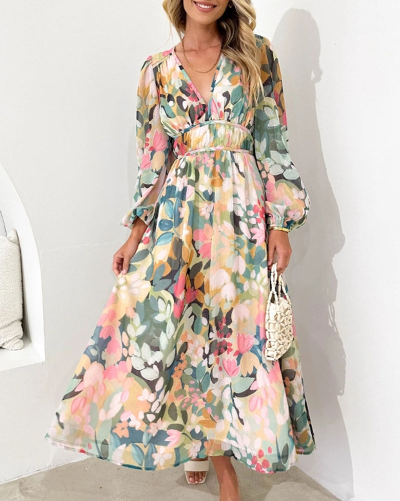 Floral Chiffon Deep V-Neck Long Sleeve Cut Out Maxi Dress 2
