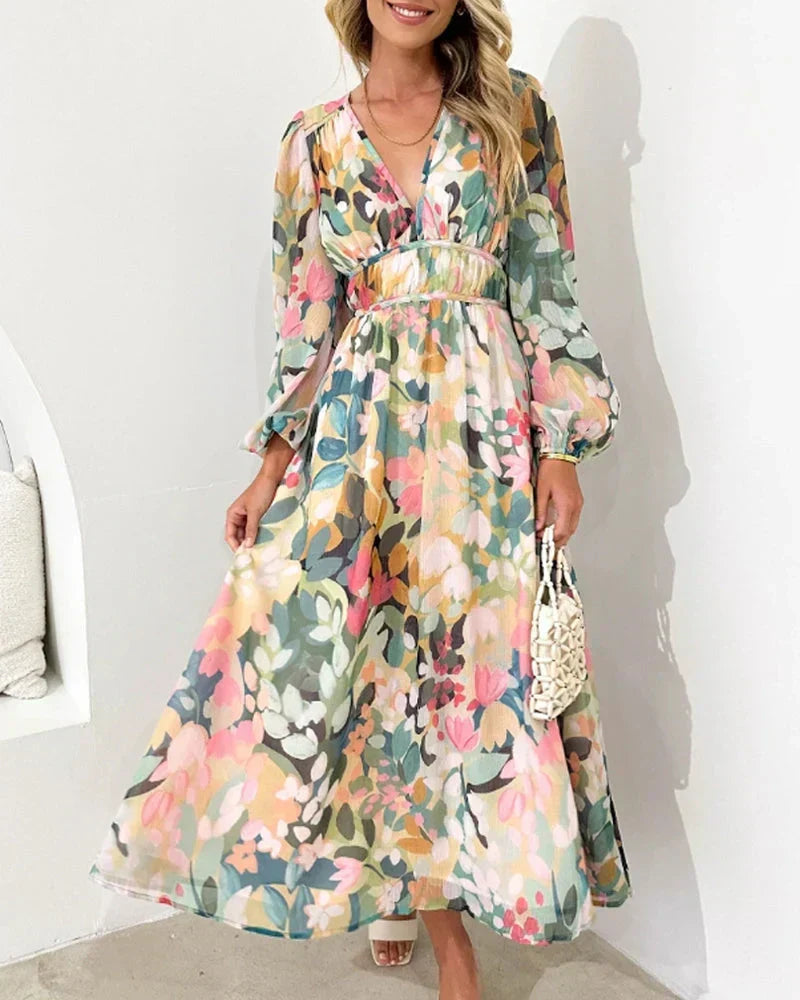 Floral Print V-Neck Long Sleeve Belted Maxi Dress