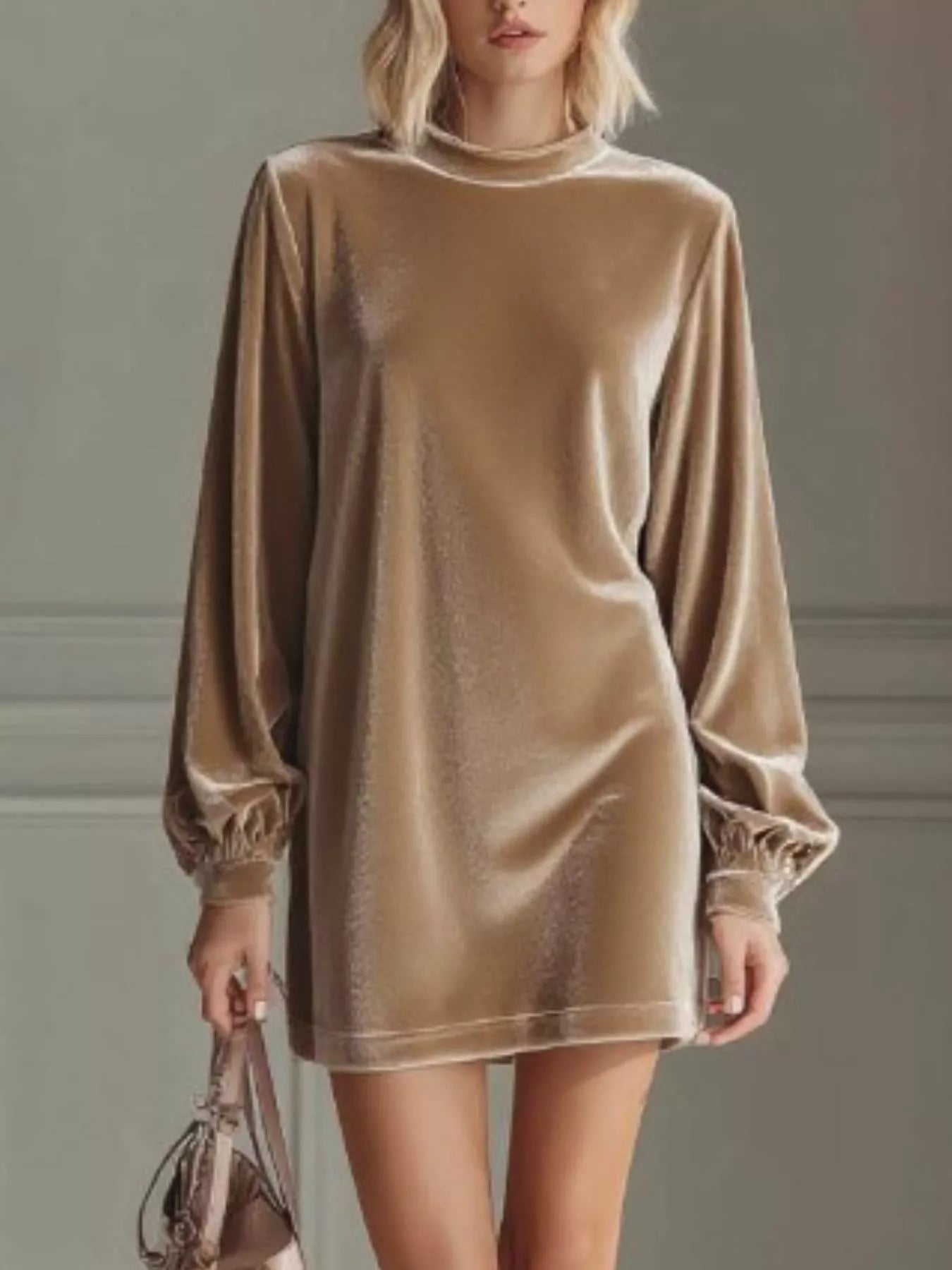 Full Size Velvet Long Sleeve Mini Dress Plus Size Khaki