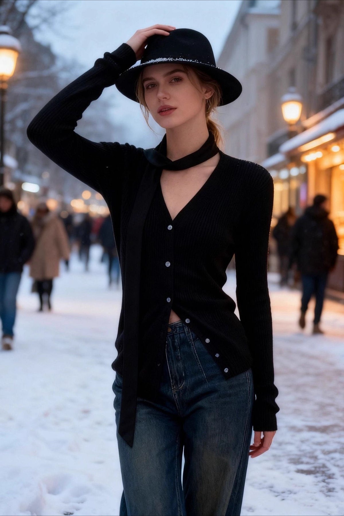 V-Neck Long Sleeve Ribbed Knit Button Front Cardigan with Scarf