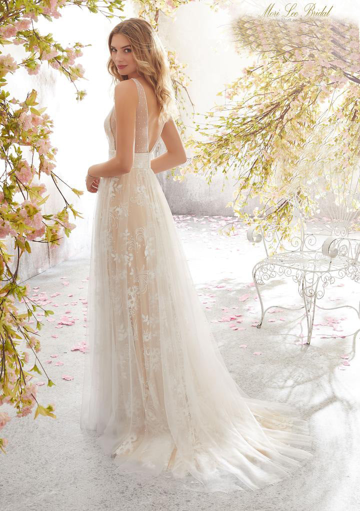 Lace Floral Deep V-Neck Sleeveless Beaded Waist Cape Train A-Line Wedding Gown