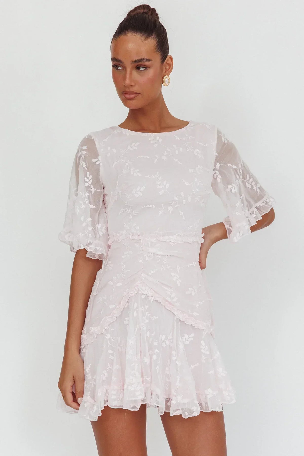 Embroidered Mesh Flutter Sleeve Ruched Frill Trim Mini Dress 5