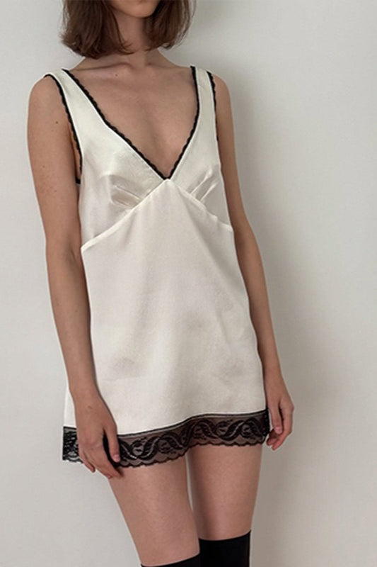 V-Neck Lace Cami Panel Ruffle Mini Lace Dress
