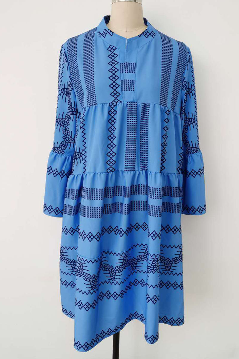 Mandarin Collar V-Neck Long Sleeve Geometric Print Tiered Mini Dress