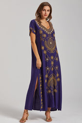 Embroidered V-Neck Short Sleeve Kaftan Maxi Dress 12