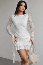Lace Panel Long Sleeve Ruffled Tassel Lace Dress