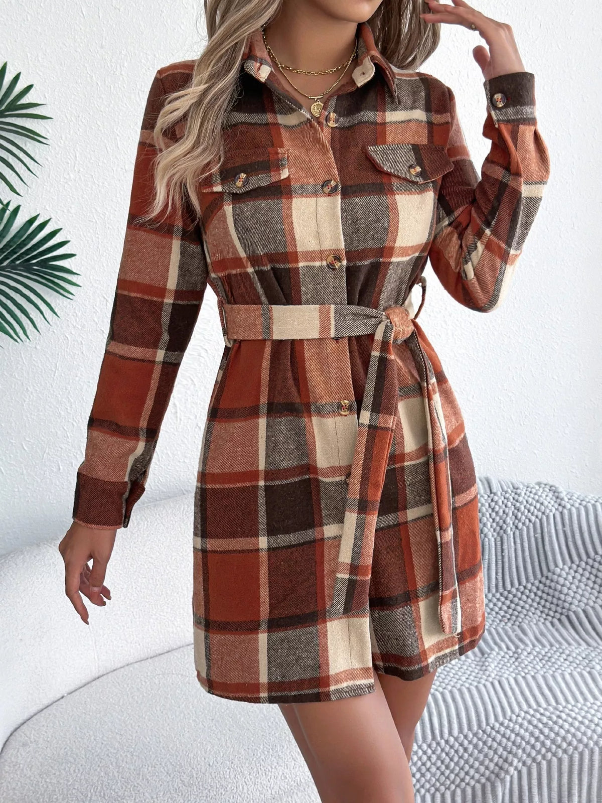 Plaid Button Front Tie Waist Shirt Dress