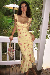 Flutter Sleeve Square Neck Floral Slip Dress