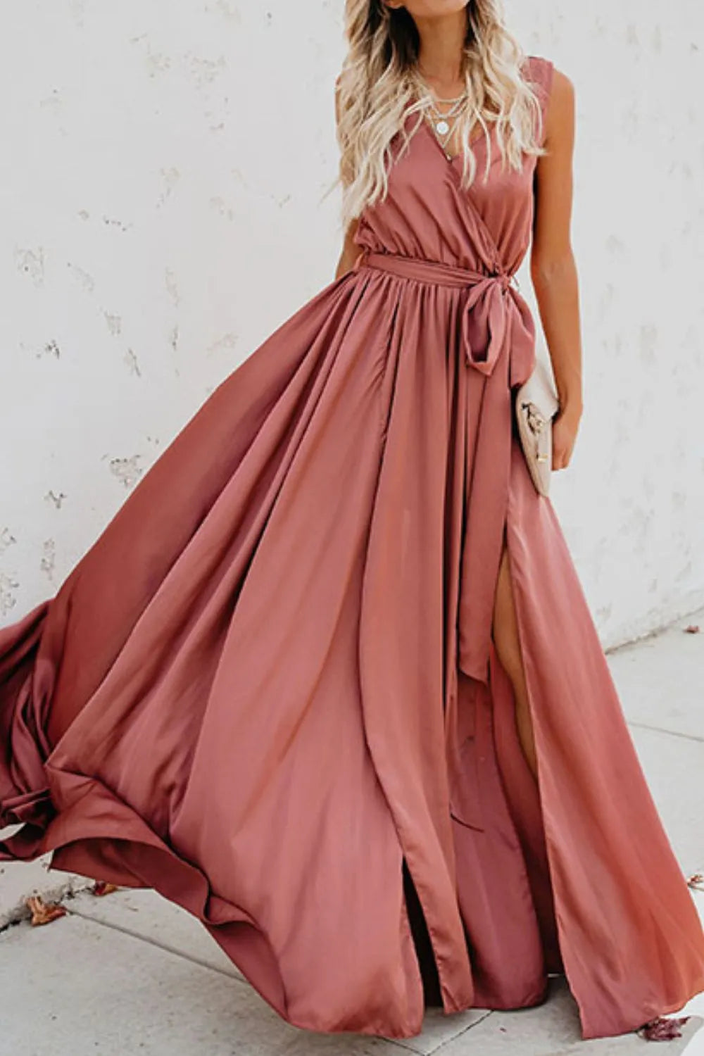 Satin Surplice V-Neck Sleeveless Tie Waist High Split Maxi Dress 9