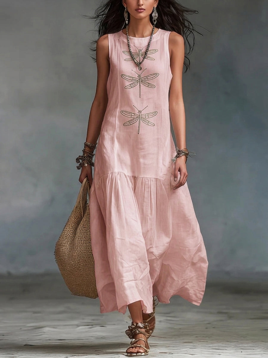 Sleeveless Dragonfly Print Tiered Maxi Dress