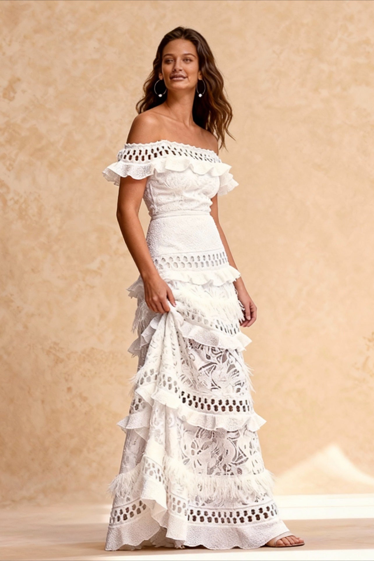 OneShoulder Ruffled Hollow Swing Graceful Lace Patchwork Long Dress