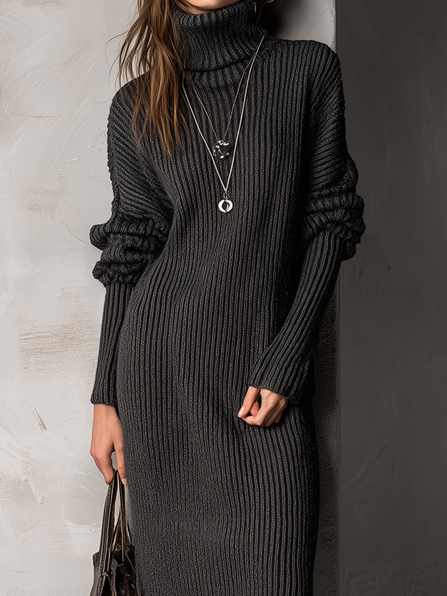Casual Bat Sleeve Pit Strip Knitted Straight Midi Dress