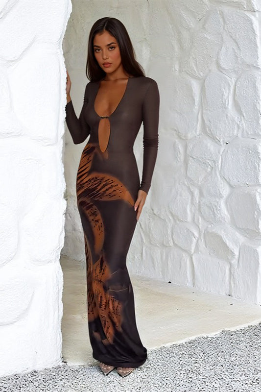 Deep V Cutout Printed Maxi Dress