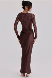 Sheer Lace Panel Ruched Satin Mermaid Maxi Lace Dress