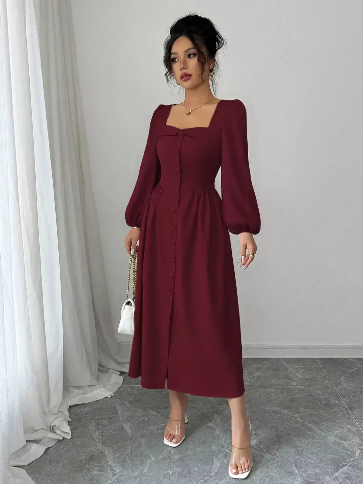 Square Neck Balloon Sleeve Button Front A-Line Midi Dress 5