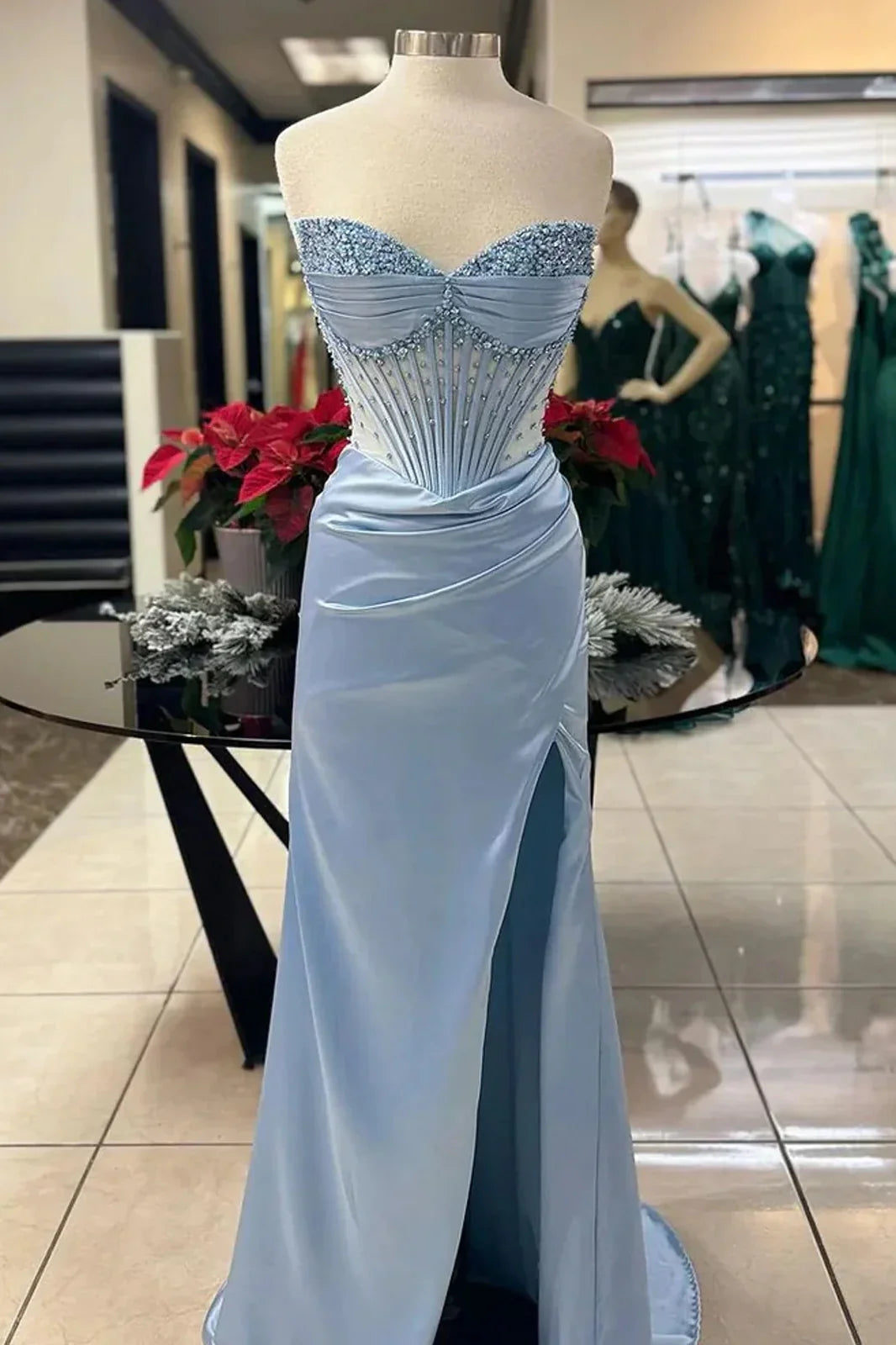 Chic Mermaid Spaghetti Straps Long Satin Formal Dress with Beading