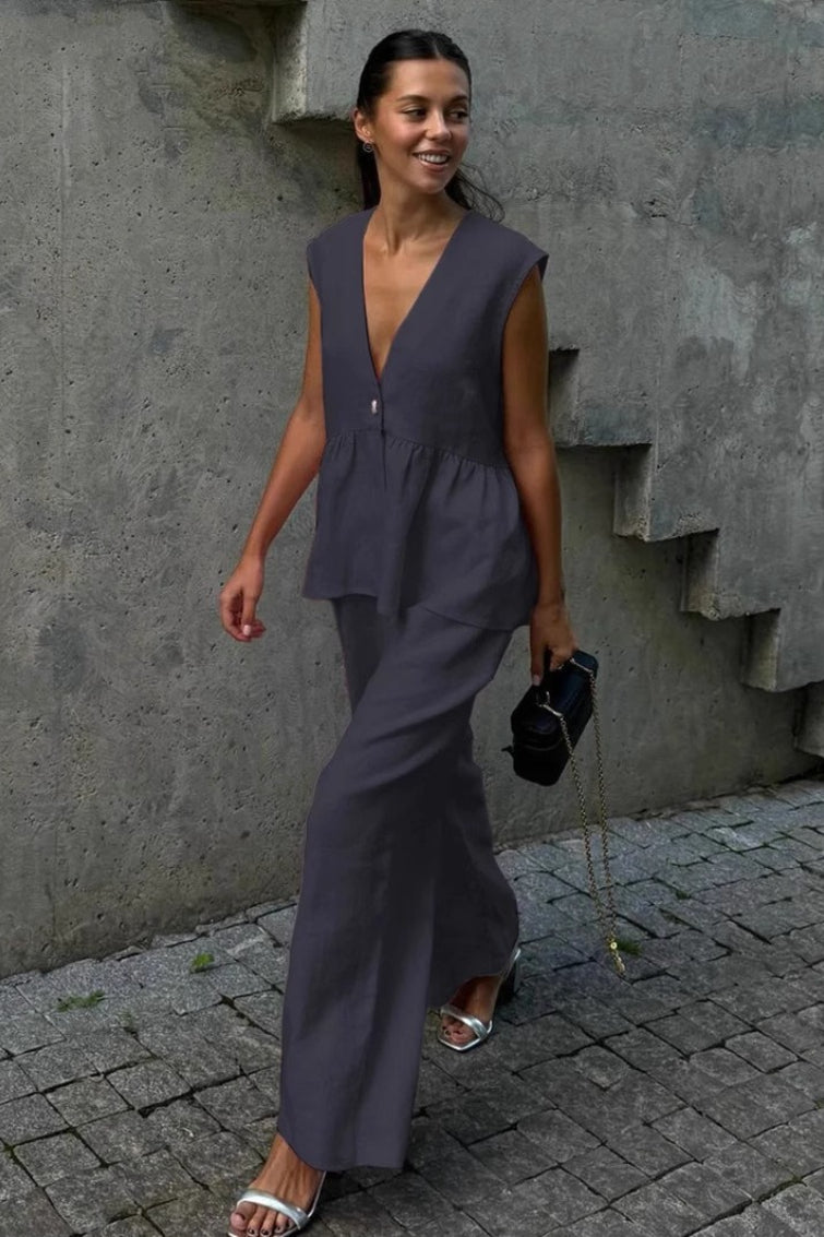 V-Neck Sleeveless Peplum Vest and Wide Leg Pants Two Piece Set 8