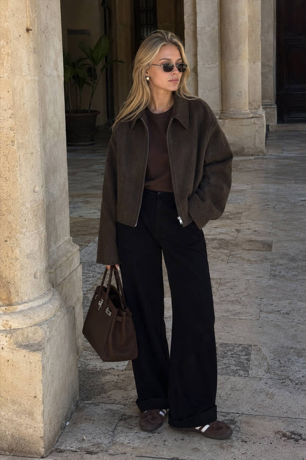 Collared Zip Front Wool-Look Cropped Bomber Jacket 4