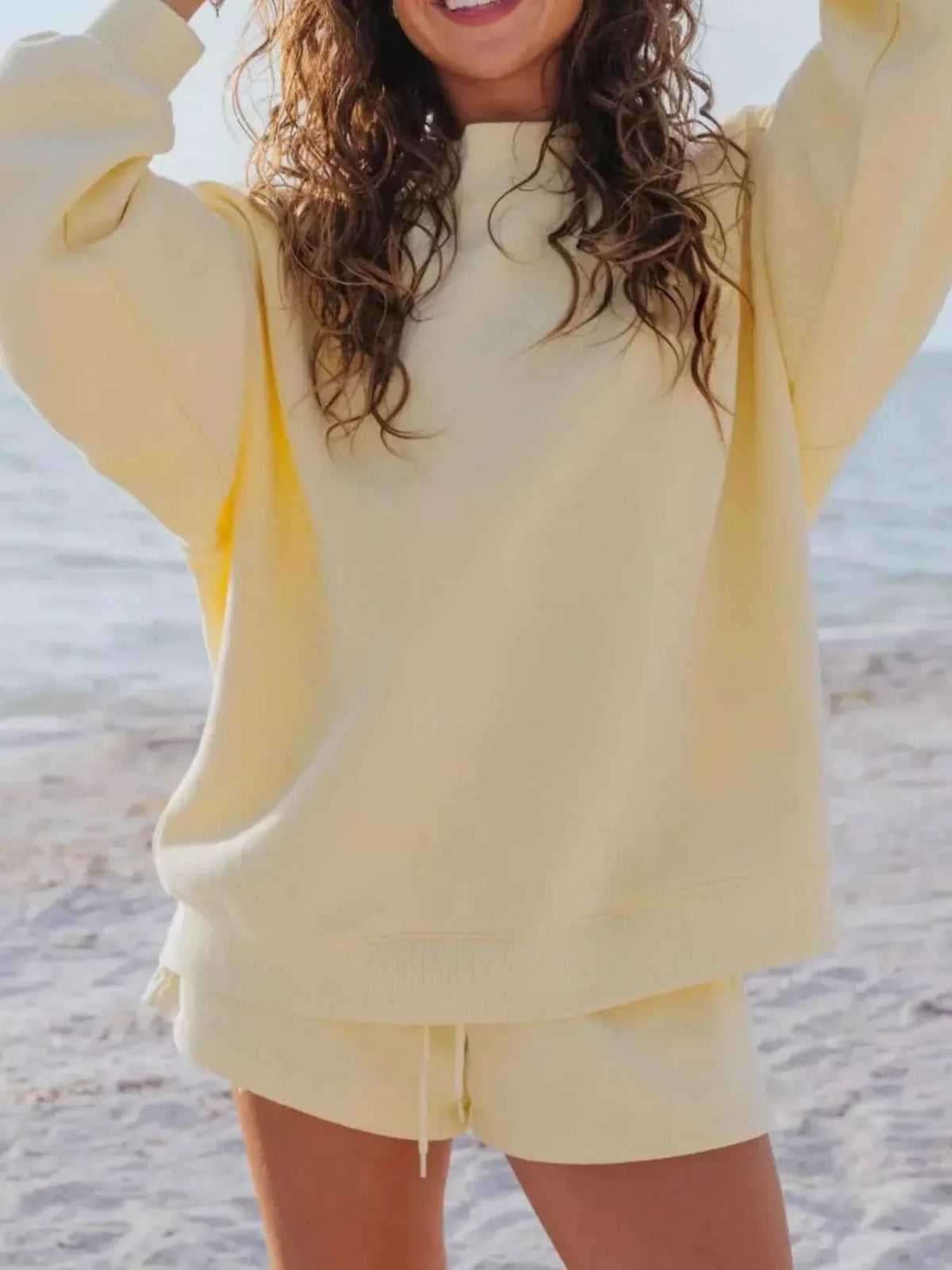 Oversized Crew Neck Sweatshirt and Elastic Waist Shorts Two Piece Set 13