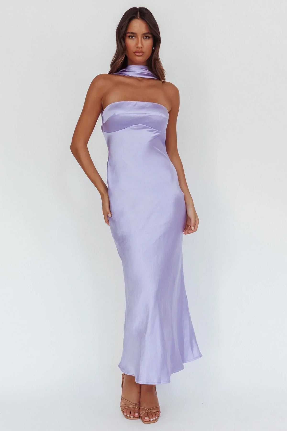 Satin Strapless Scarf Neck Tie Bias Cut Maxi Dress