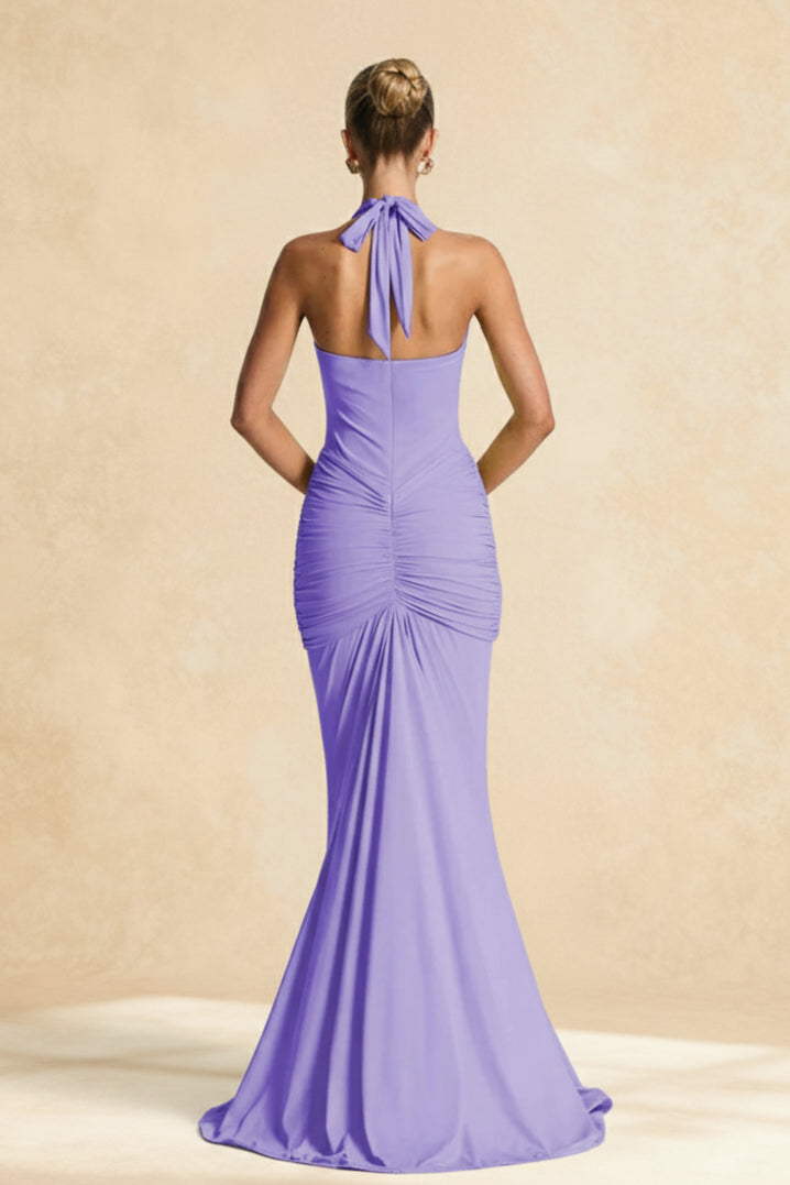 Halter Neck Deep V-Neck Ruched Drape Front Mermaid Gown 6