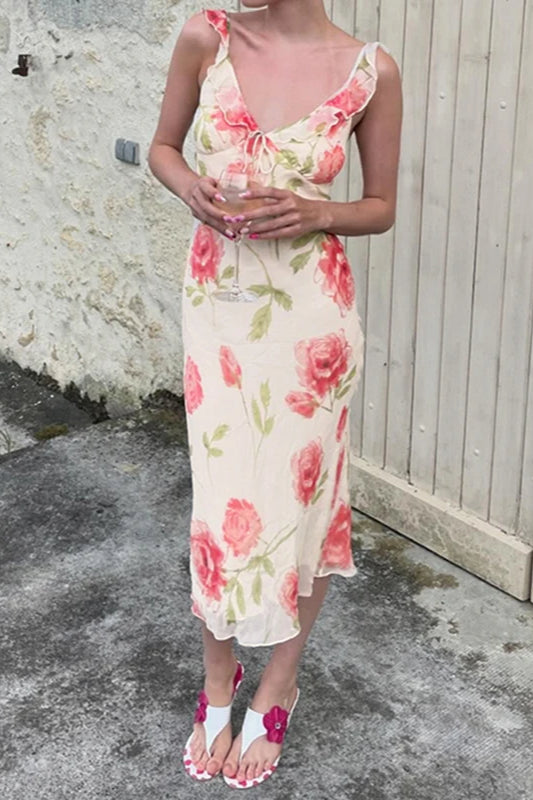 Floral Mesh V Neck Midi Dress