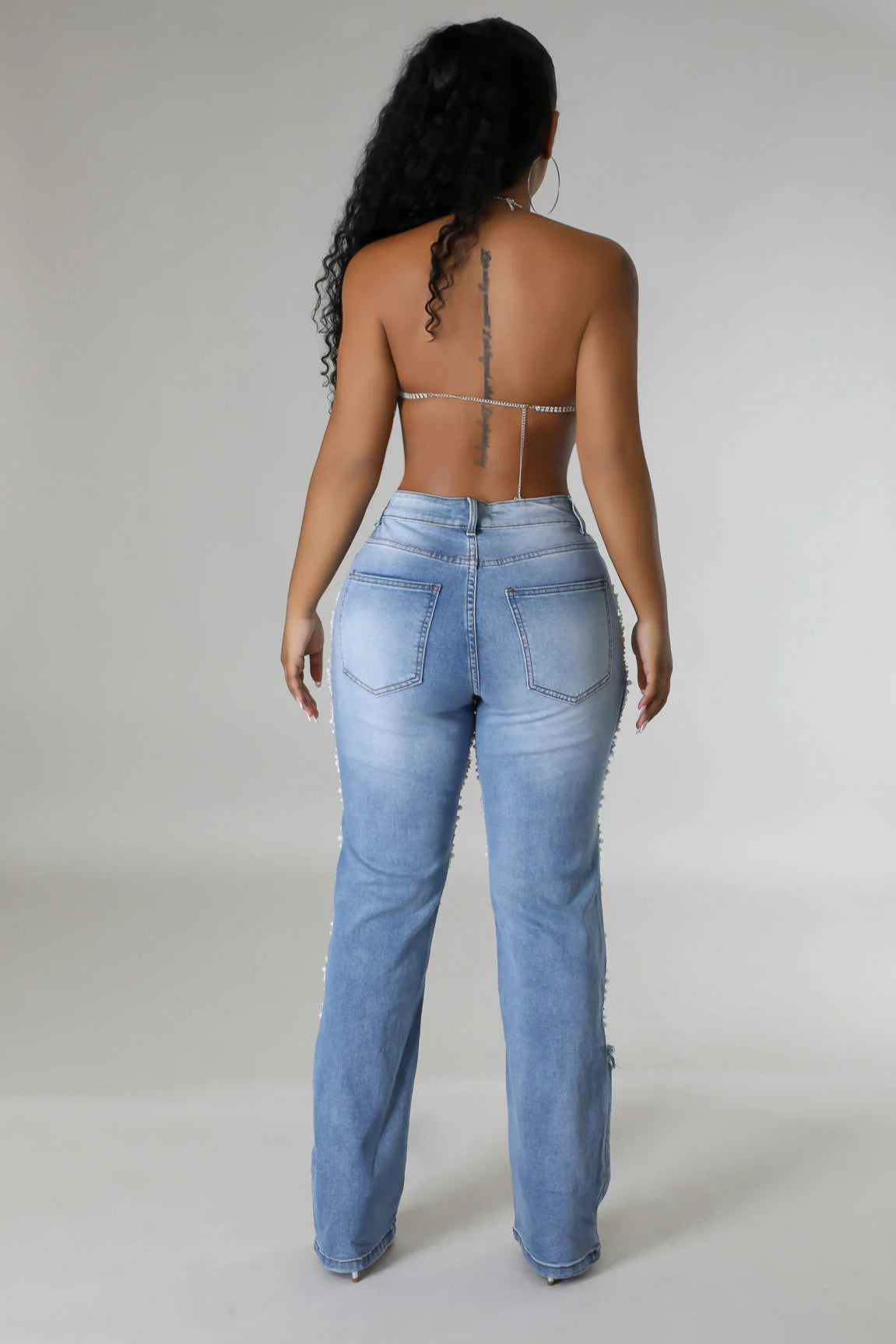 High Waist Ripped Cut Out Faux Pearl Chain Straight Leg Jeans 4