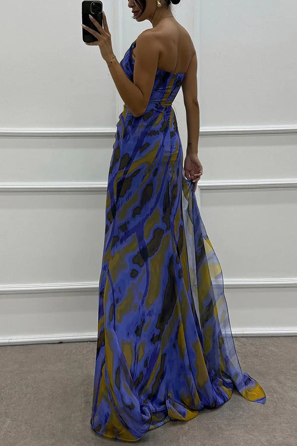 Watercolor Print One Shoulder Feather Trim High Split Maxi Dress 13