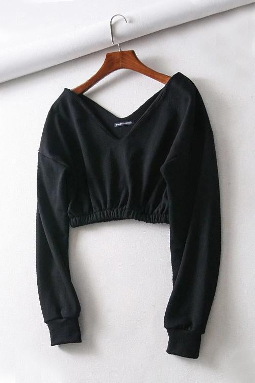 V Neck Long Sleeve Crop Top