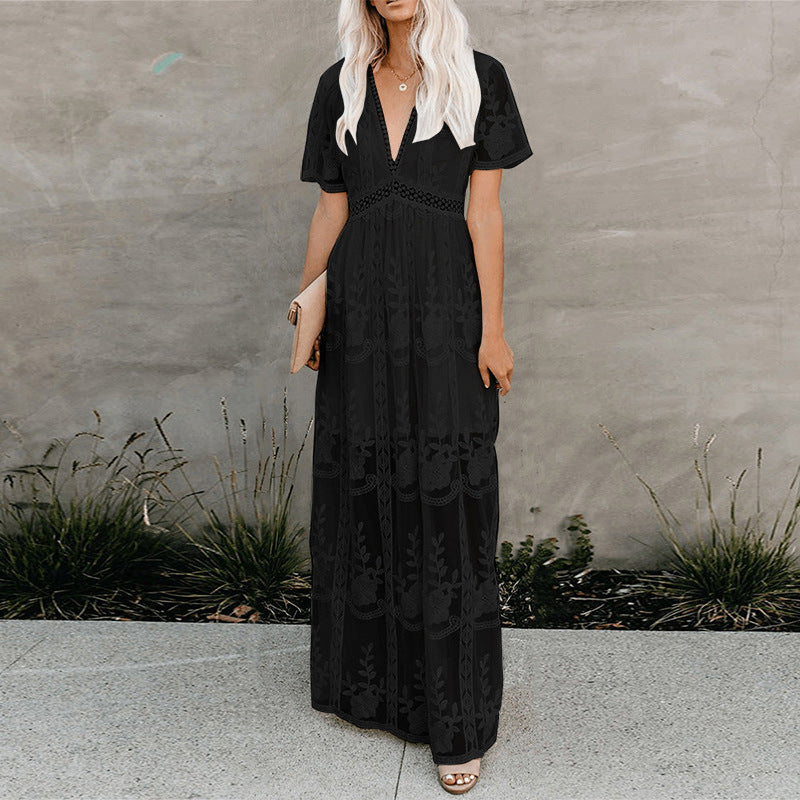 Chic V-neck High Waist Embroidered Lace Maxi Dress Real Shot