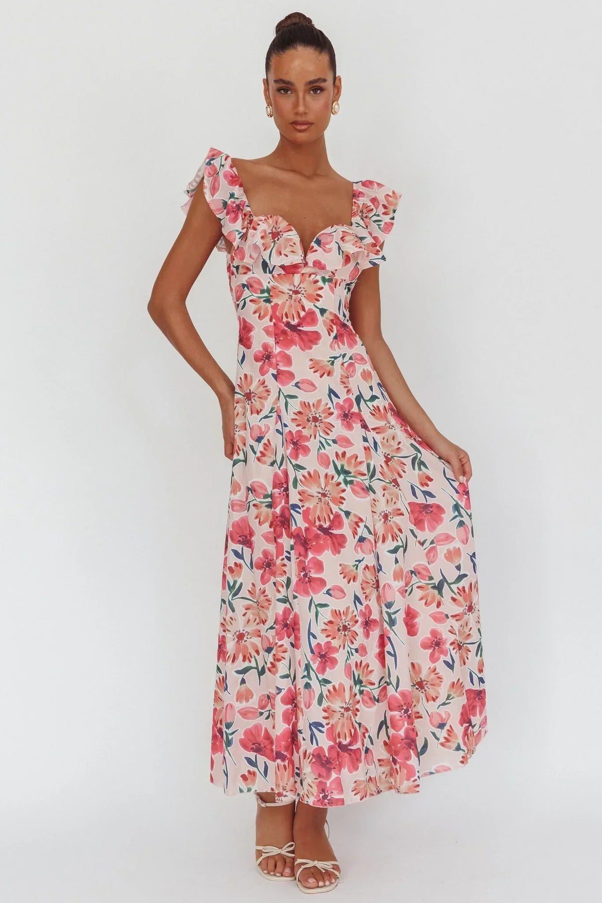 Palms Ruffle Sleeve Tied Back Maxi Dress Floral Pink