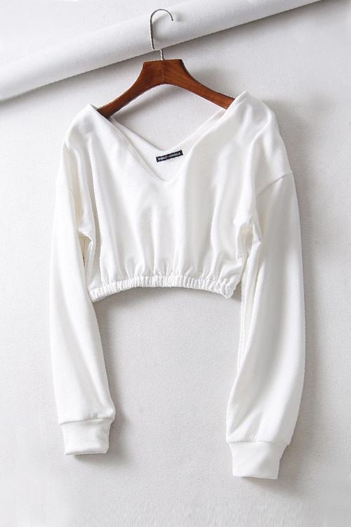 V Neck Long Sleeve Crop Top