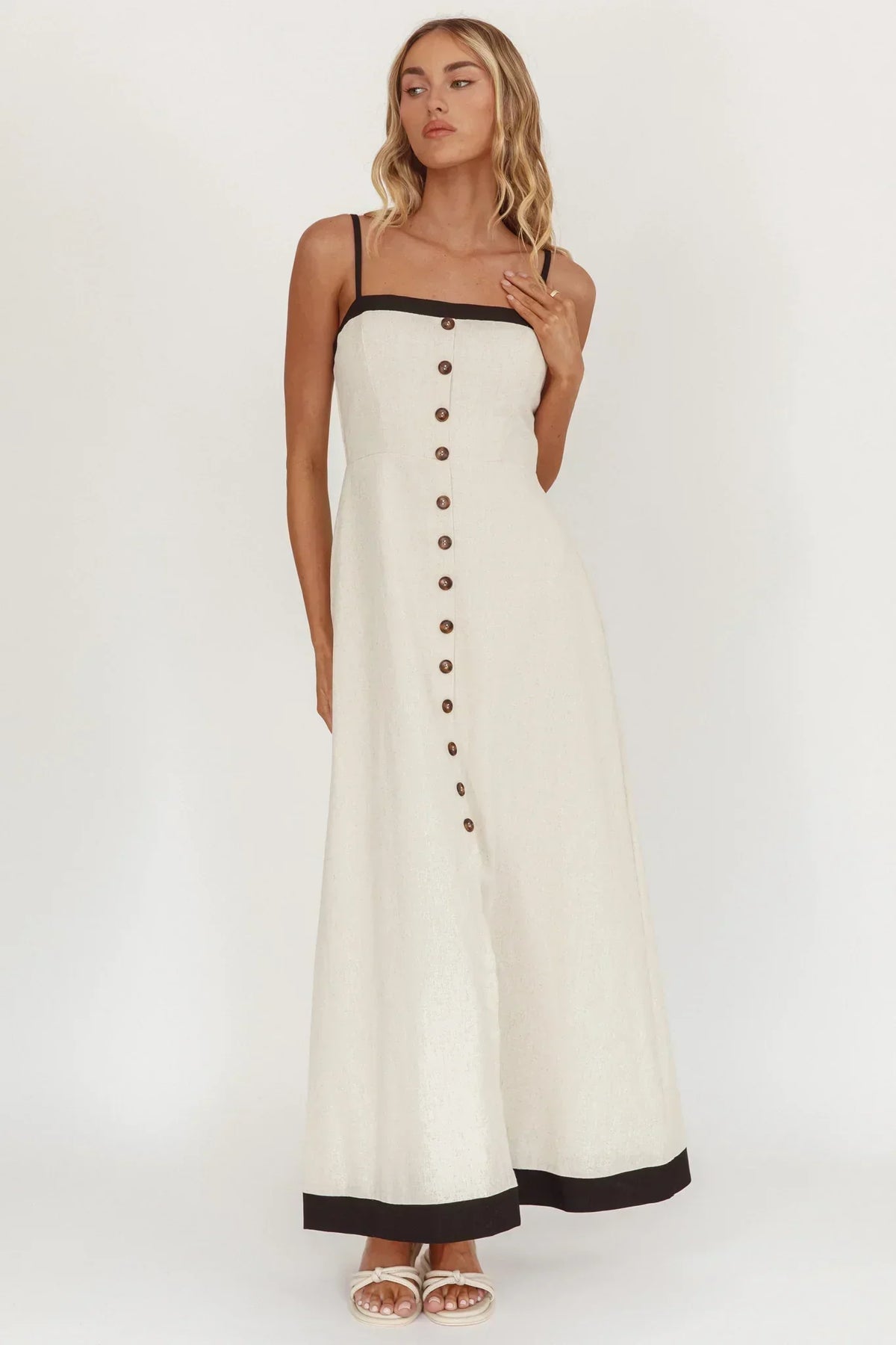 Contrast Trim Button Front Straight Neck Maxi Dress 5
