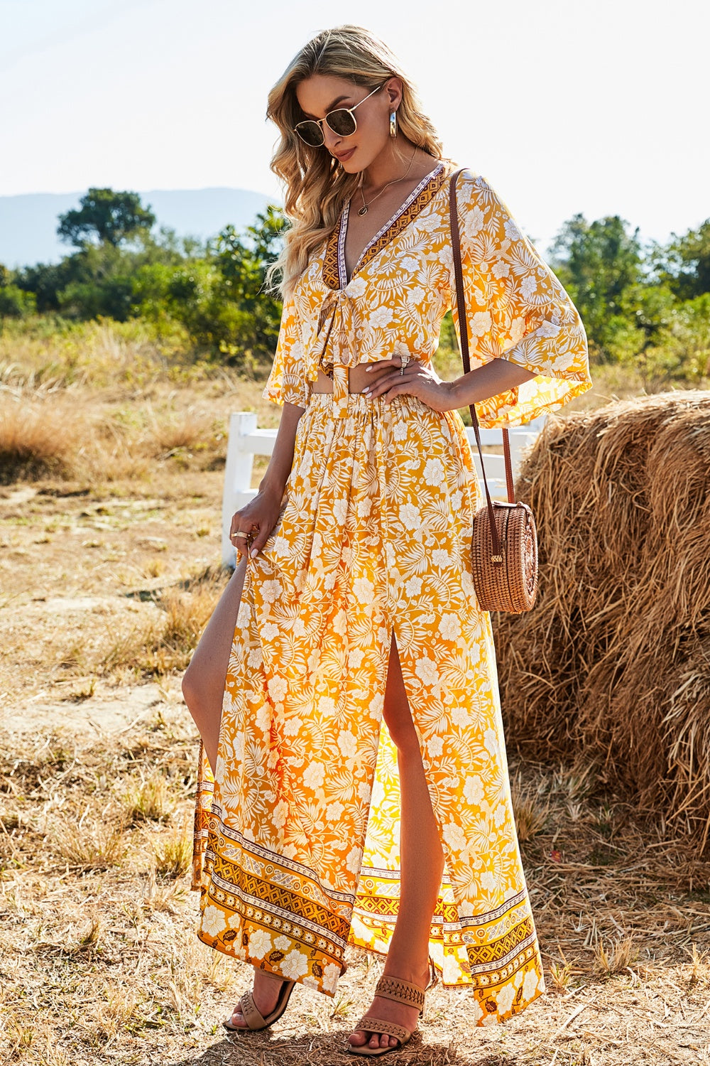 Printed Half Sleeve Top and Slit Skirt Set Sherbet