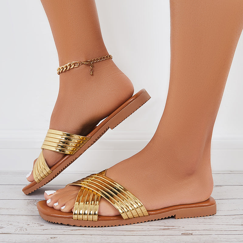 Shiny Criss Cross Flats Open Toe Slide Sandals Slip on Beach Slippers