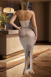 Flash Sculpture Rhinestone Embellished Bandeau Slit Stretch Maxi Dress - View 5