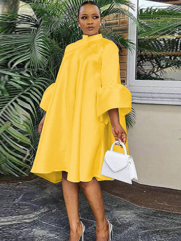 Satin Stand Collar Bell Sleeve Swing Midi Dress 2