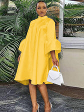 Satin Stand Collar Bell Sleeve Swing Midi Dress 2