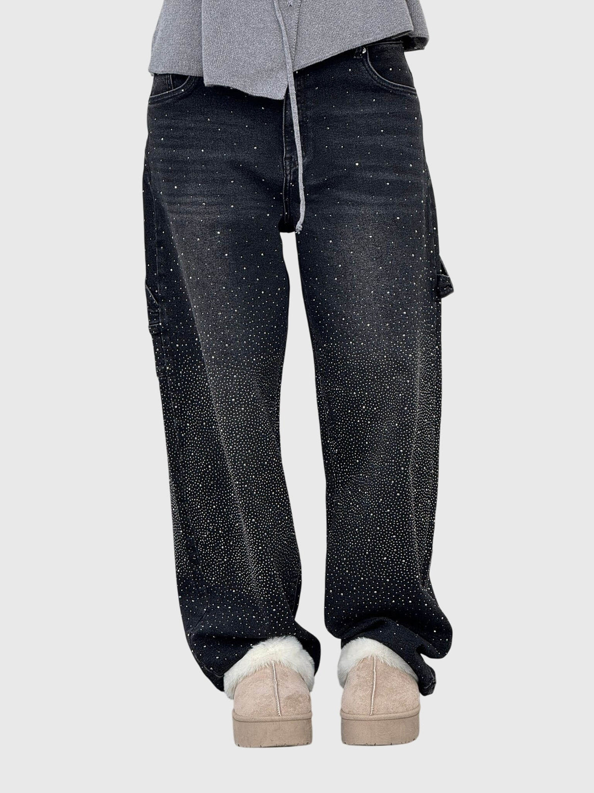 Rhinestone Embellished Wide Leg Cargo Jeans