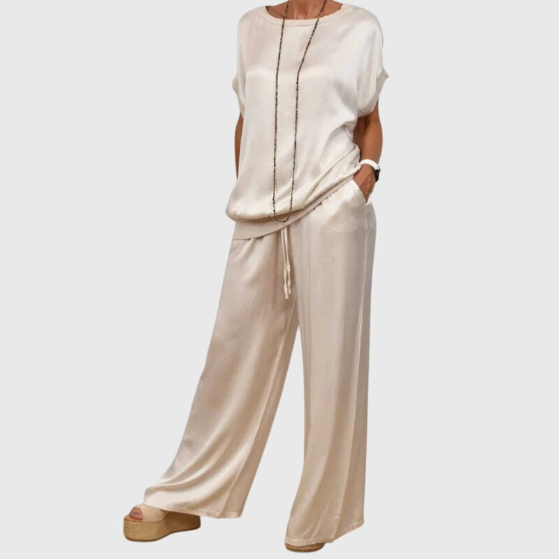 Short Sleeve Boxy Top and Drawstring Wide Leg Pants Two Piece Set