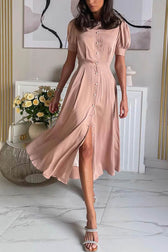 Chic and Classy Vibe Puff Sleeve Pearl Button Slit Midi Dress - View 6