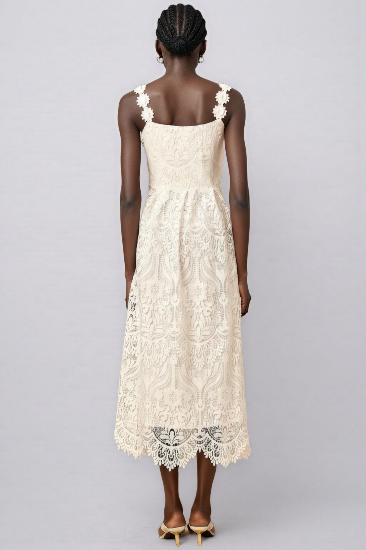 Lace Floral Applique Strap Scalloped Hem A-Line Midi Dress 6