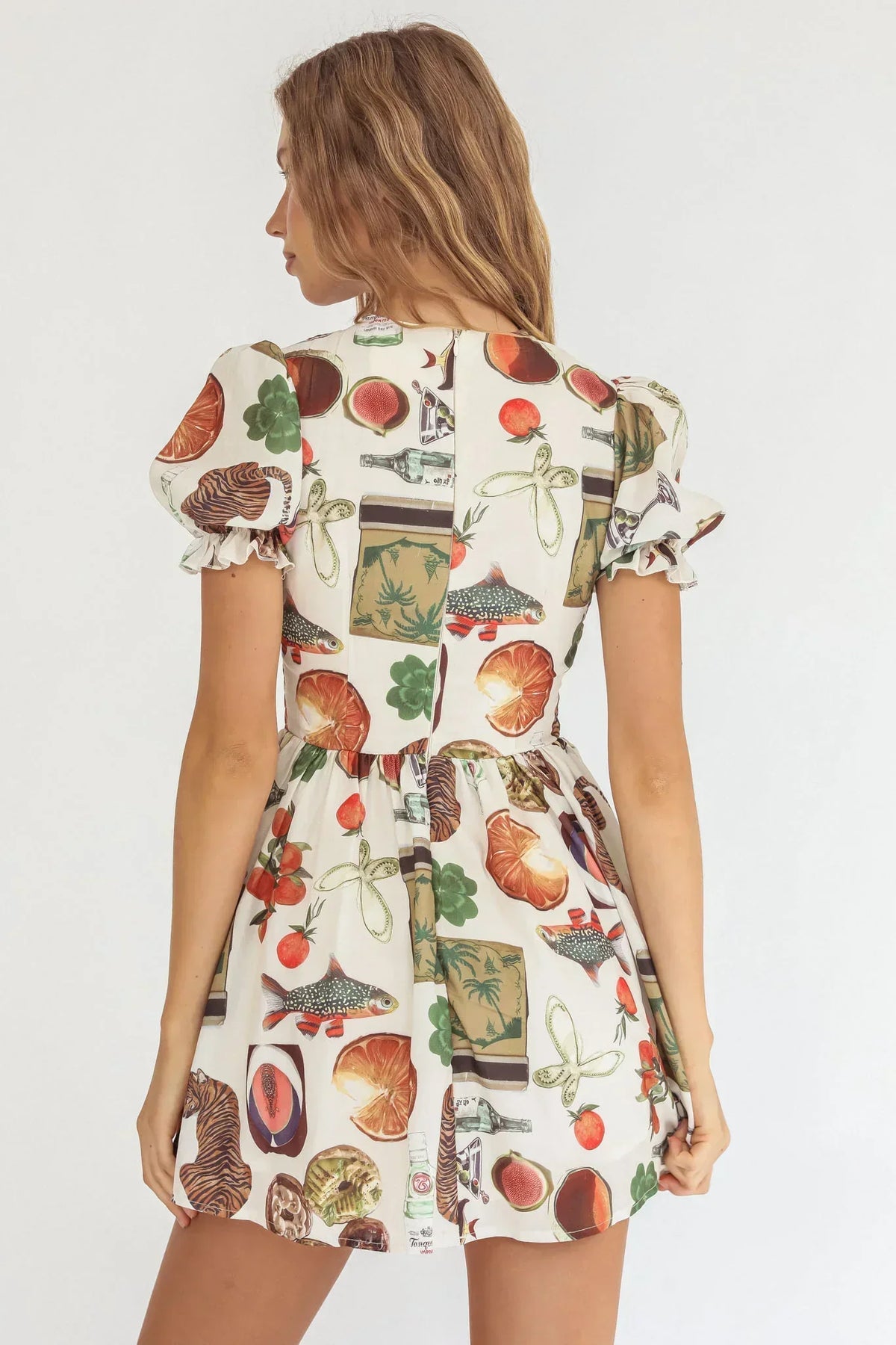 Nia Shirred Puff Sleeve Mini Dress Exotic Print Beige