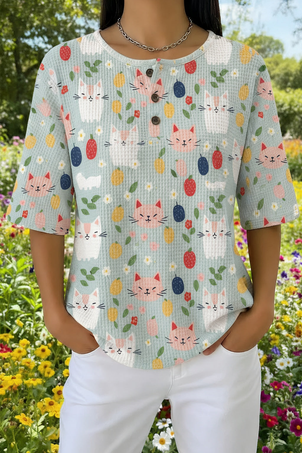 Womens Light Blue Abstract Cat Print Casual Henley Shirt