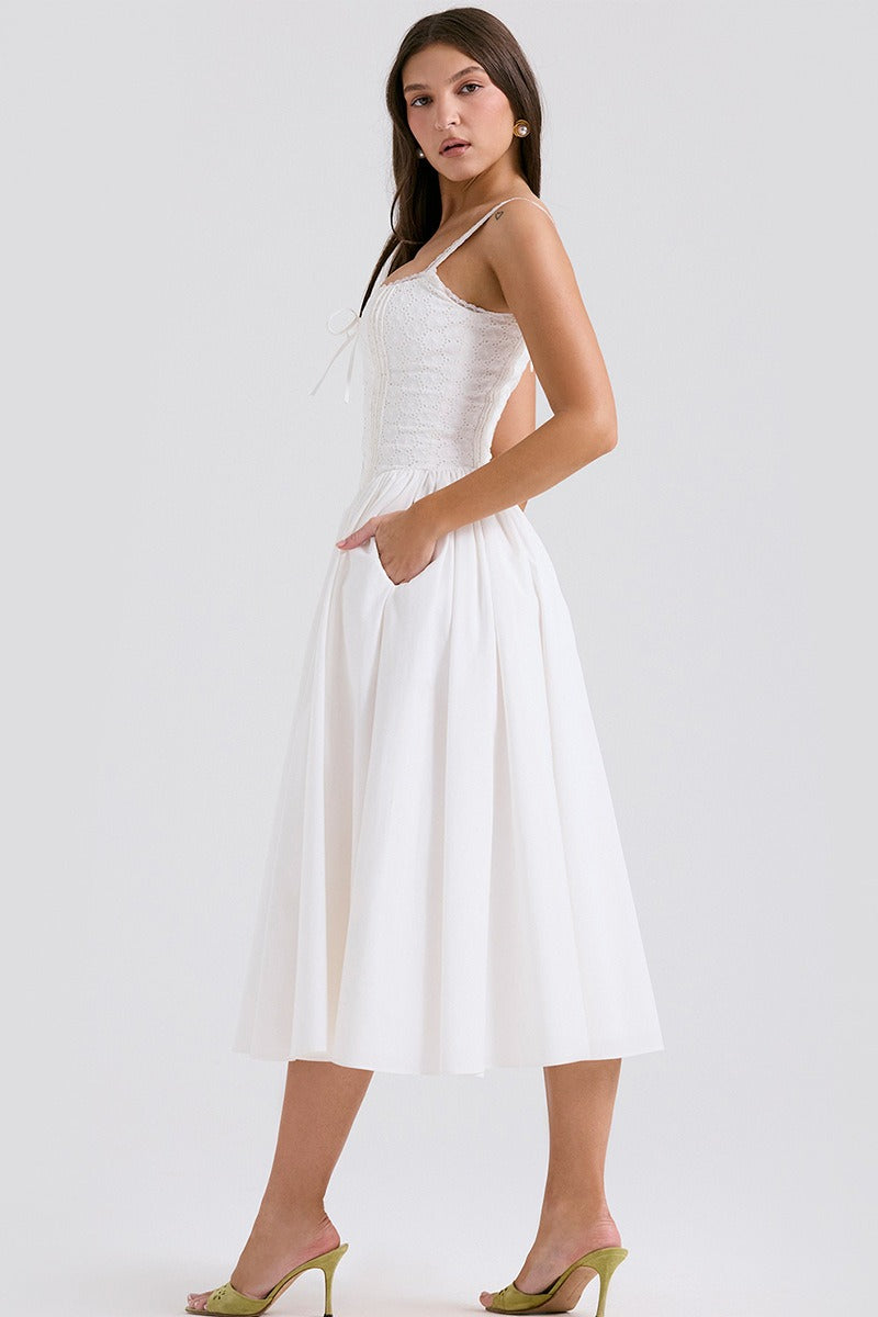 White Lace Spaghetti Strap Midi Dress - View 5
