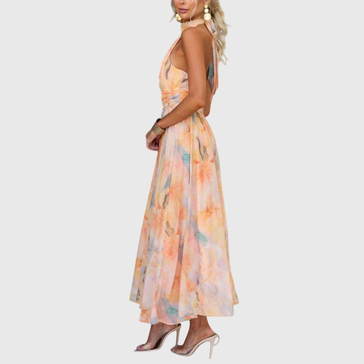Watercolor Floral Halter Neck Sleeveless Maxi Dress