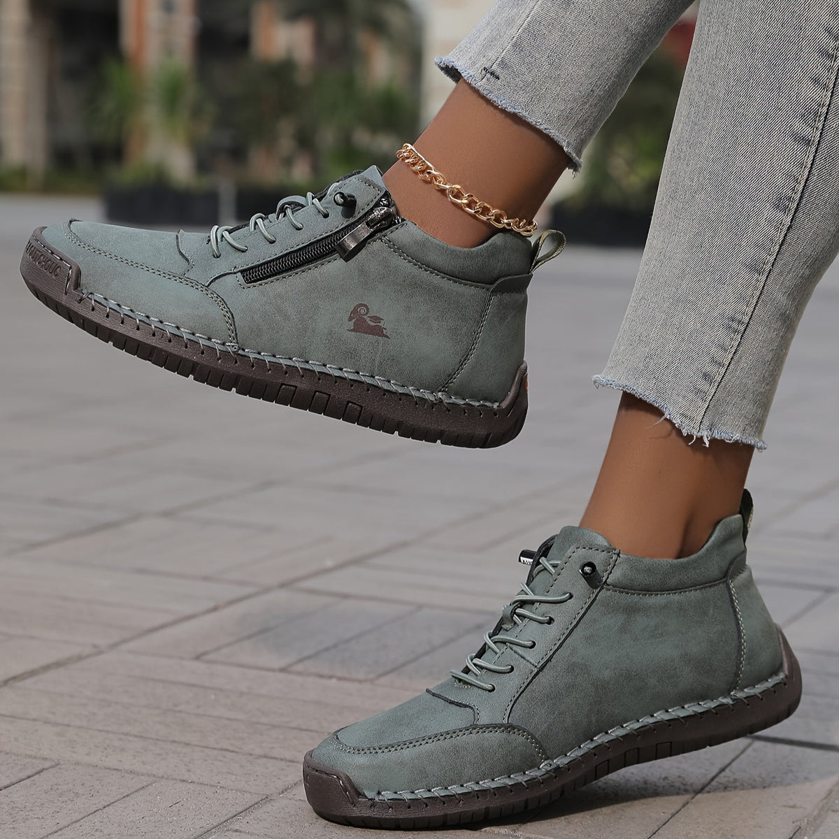 Lace Up Side Zip Stitched Ankle Boots
